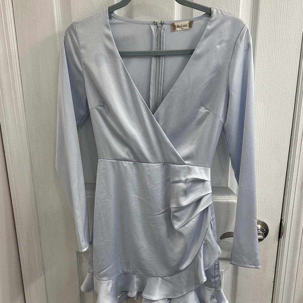 ALTAR’D STATE Pale Blue Satin Long Sleeve Romper Dress. Size XS